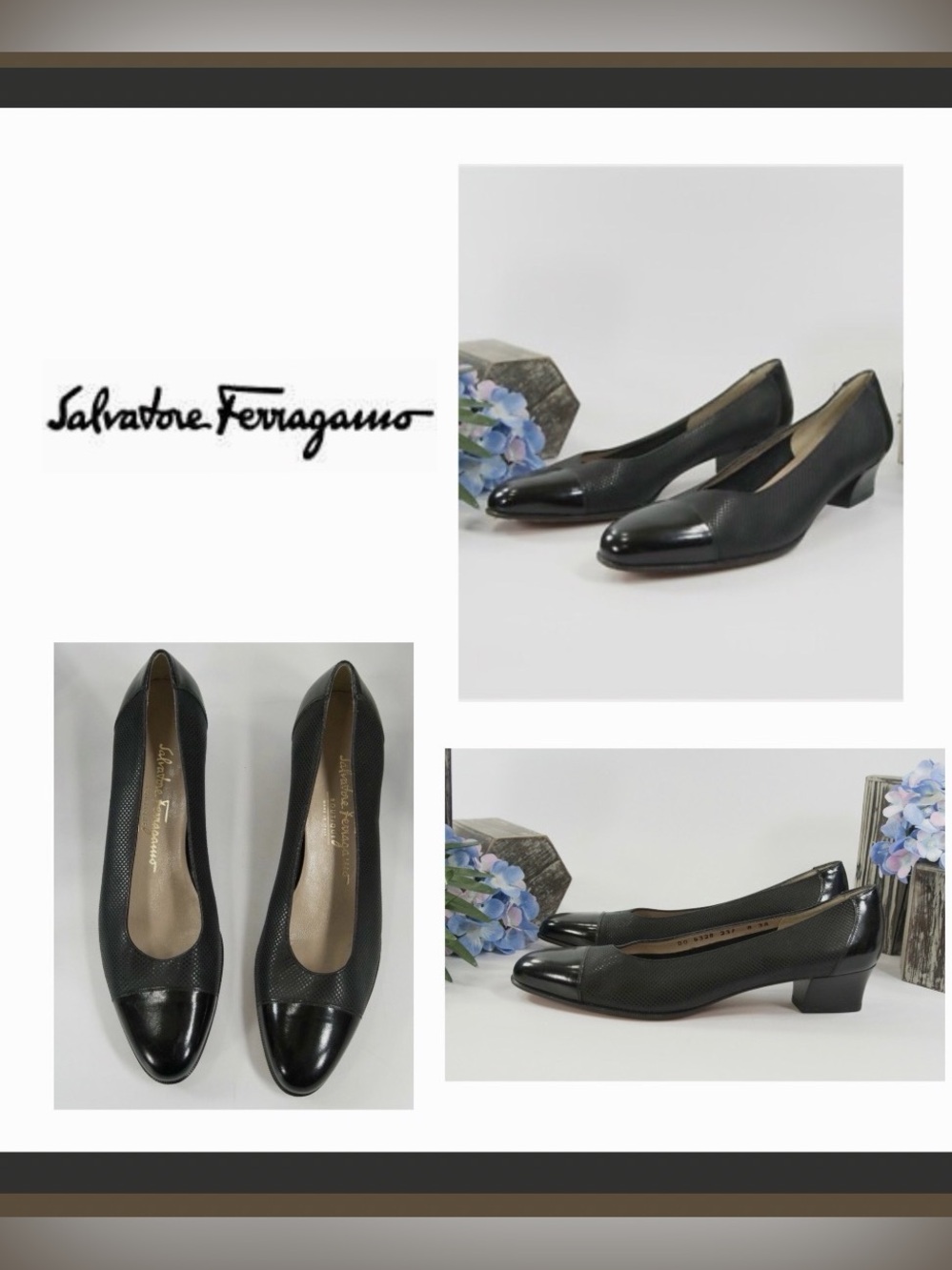 Vintage Salvatore Ferragamo Black Textured Leather&Patent Cap-Toe Low Heel Sz9.5